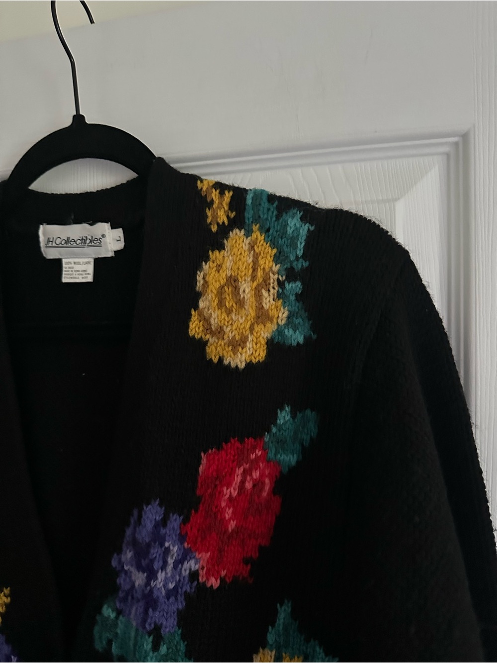 Size L JH Collectibles Vintage 100% Wool Floral Cardigan Sweater Black - Picture 5 of 6